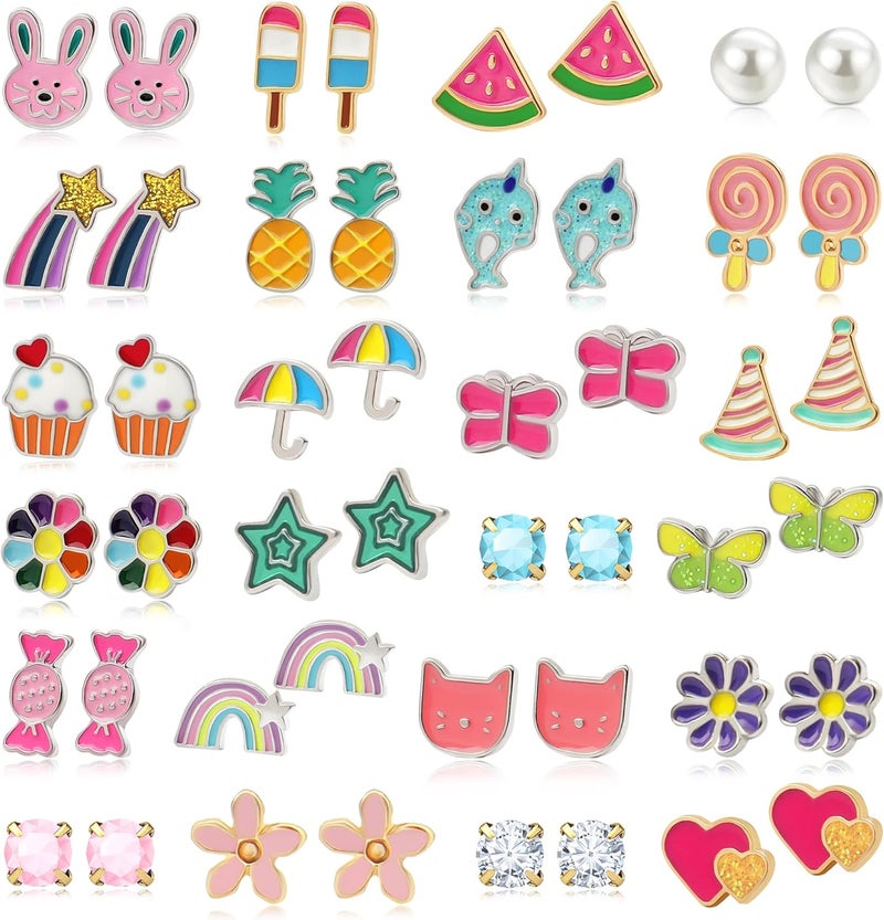 Asivsa 24 Pairs Hypoallergenic Stud Earrings for Girls Kids Cute Stainless Steel Earrings Fun Mushroom Butterfly Flower Rainbow Frog Earrings Set Jewelry for Little Girls Women - Image 1